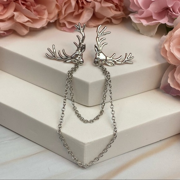 Retro Double Chain Deer Head Collar Lapel Pin - Picture 12 of 16